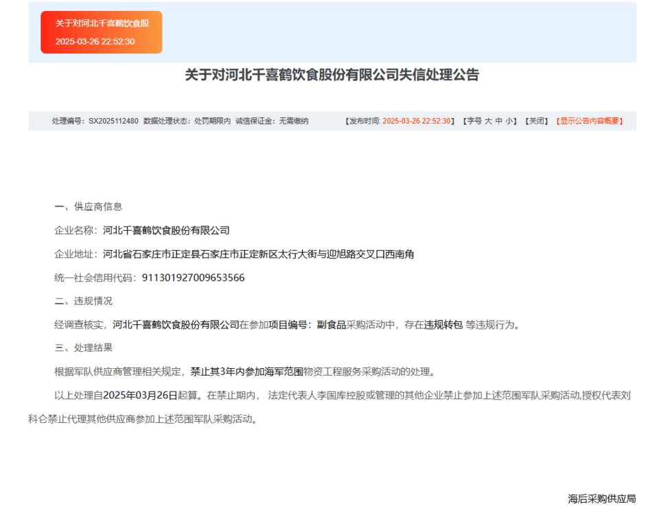 违规转包<strong></p>
<p>陆金所理财产品</strong>，河北千喜鹤饮食股份有限公司被禁3年