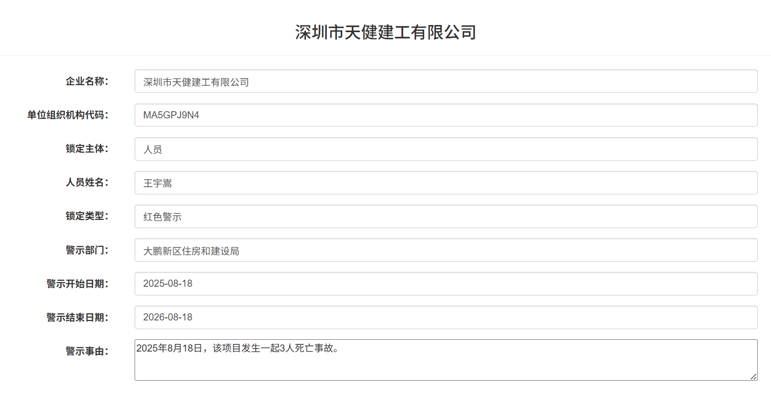 发生3人死亡事故<strong></p>
<p>理财稳健</strong>！深圳市天健建工被红色警示1年
